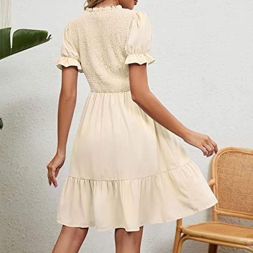 Icodod фустан женски 2023 летен одмор со цврста боја тенок штанд со јака од половината затворена фустани за кратки ракави за жени