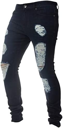 Dgkaxiyahm Men тенок вклопни слаби искинати фармерки со низок половината за истегнување на половината, потресени панталони за тексас мото