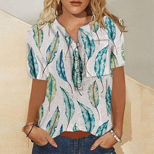 Женски летни кошули гроздобер цветни печати Хенли маица со кратки ракави облечени блузи, обични врвови на маички