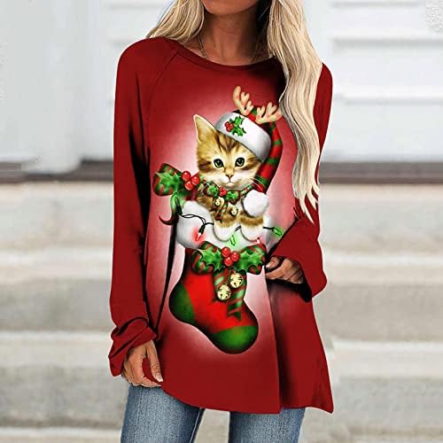 Женски врвови за туника Божиќ, симпатична мачка графичка обична лабава лабава лабава долга ракав, тркалезен пулвер, џемпер, маичка со маички