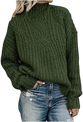 Cableенски кабел плетен потсмев џемпери на вратот, џемпери со долг ракав, обичен плетен џемпер надворешна облека пријатни врвови