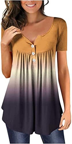 Врвови за жени градиент печатено случајно скриен стомак туника V-врат симпатична проточна маичка со кратки ракави со кратки ракави лабава