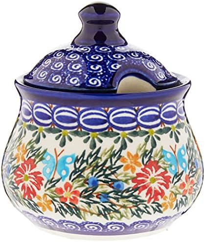 Полска керамика керамика boleslawiec, 0051/238, Sugar Bowl Iza, 1 чаша, кралски сини обрасци со црвен цвет и сини пеперутки мотив