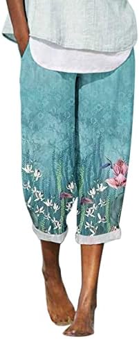Панталони на Греџ Беуу Капри за жени лето случајно удобно цветно печатено исечено памучно памучно ленено панталони со џебови со џебови