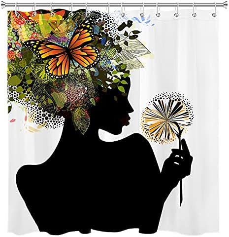 Лб Афроамериканец Црна Девојка Туш Завеси Футуристички Дизајн Природата Жена Со Пеперутка Афро Смешни Црна Уметност Туш Завеса За Девојки Бања
