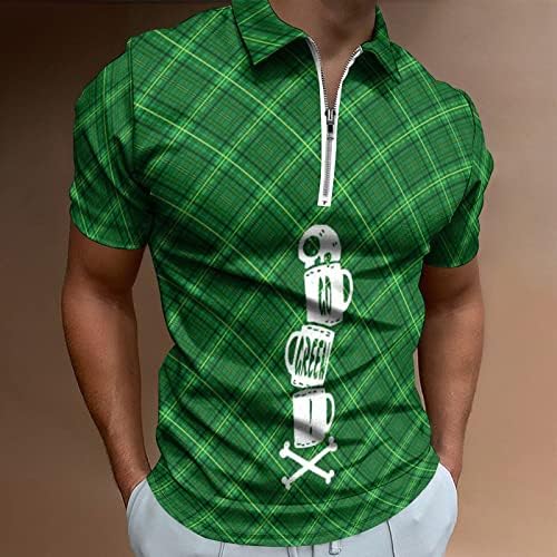 PDFBR MENS ST PARTICKS ДЕН Поло кошули Обичен 3Д дигитален принт поштенски код на вратот со кратки ракави, зелена графичка голф