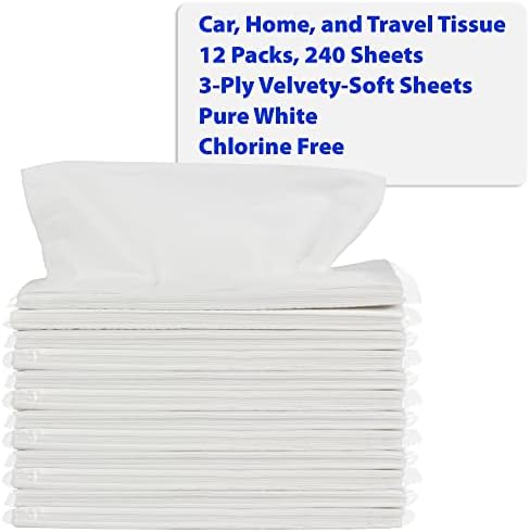Ткива на лицето Пакети со големина на патување со ткива со целосна големина за дома, чанта или автомобил, 12 пакувања, 240 листови, 3-пар, чисто