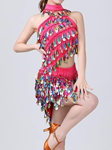Hulулија жени Tassel Sequin Sequin Latin Dance Outfits Belly Cha-Cha Crop Tops со костум за перформанси на сцени со здолништа