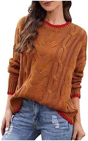 Женски џемпер со ленти и зимски печатење плетени џемпери со долги ракави, обични џемпери за 2022 година