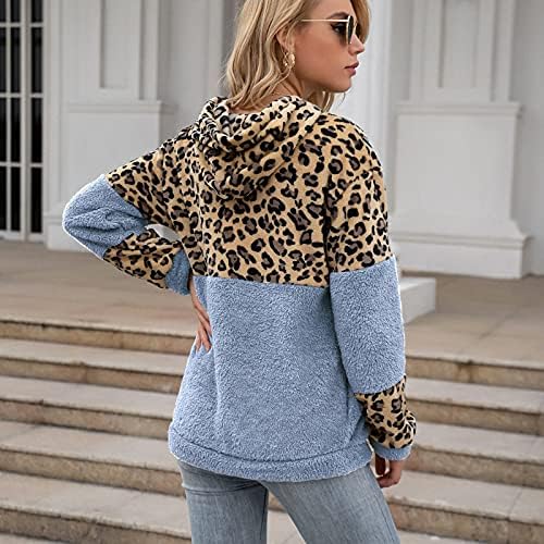 Женски каузален долг ракав Шерпа руно врвови со џебна боја блок худи леопард крпеница кошула за џемпери за џемпери