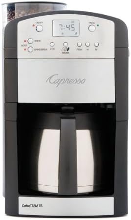 Capresso 464.05 Cafeeteam GS 10-чаша дигитален кофератор со конусна мелница за закопчување, стаклена карафе, црна, 15,5 x 9,5 x 9,75