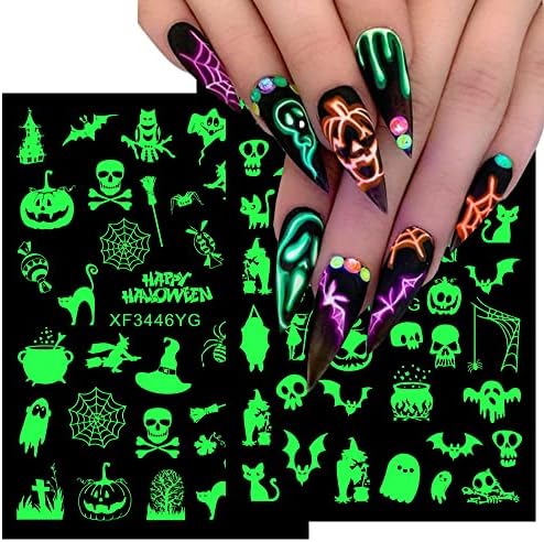 Налепници за нокти на Ноќта на вештерките, сјај во темните декорации за нокти 3D само-лепете светлечки налепници за уметност за нокти тиква