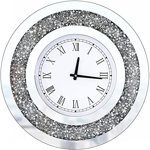 DMDFIRST Сребрена Круг Огледало часовник 20x20inches Кристално Искра Треперење Блинг Здроби Дијамант Огледало Голем Ѕид Часовник