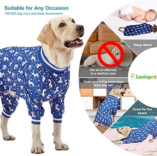 Lavinpet Големо куче PJS Облека: Нега на рана/Пост хирургија кошула за кучиња, лесни затегнати плетени кучиња пижами, сирени и еднорози