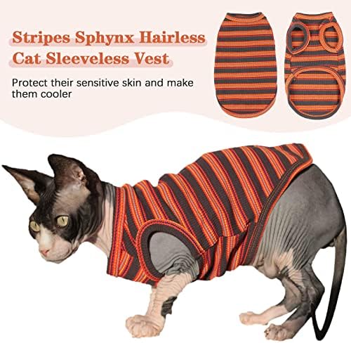 Sphynx без влакна мачки маица, црвена и црна лента пулвер мачиња кошули без ракави, летен круг јака памучна мачка облечена елек за корнен