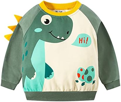 Акизиќ момче диносаурус џемпери за маички со долги ракави, памук, памук, пулвер, цртан филм маици, спортски врвни тела за деца 2-7t