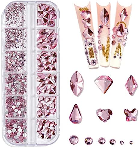 Artquee 660pcs роза розова искрилна блинг 3Д rhinestones за ноктите уметност DIY занает сјајни стакло стакло кристални камења поставени накит