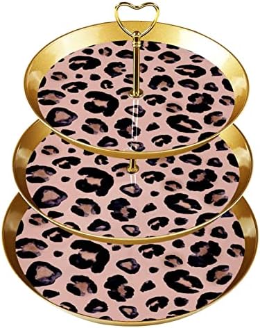 Држач за држач за штанд со чаша пластична десерт штанд со торта 3 нивоа за сервис за приказ на штанд, розов леопард образец модерен