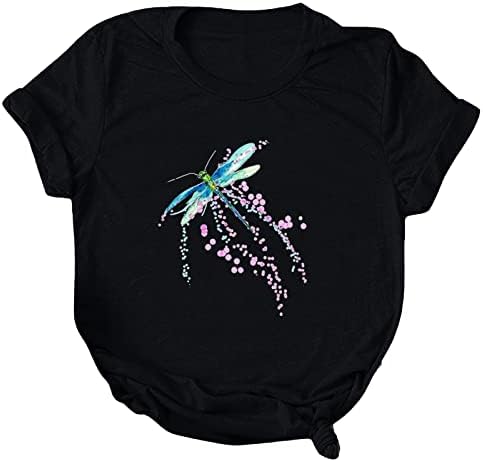 Womenените Dragonfly Graphic Crewneck Краток ракав кошула модни маички лабави стрии удобни летни врвови основни маички со маици