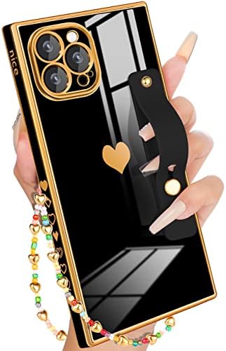 Петицијан за iPhone 13 Pro Квадратни Случај Loopy Штанд/Ремен, Луксузни Слатки Жени Девојки Срце Галванизиран Дизајнер Квадратни Работ