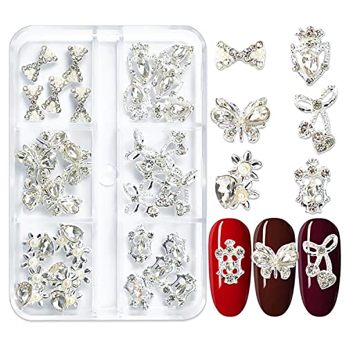 Wookoto 30pcs 3D Nail Jewels Nail Charms for Nails лакови шарми за акрилни нокти сребрени нокти шарми bowknots crowns цвеќе на ноктите