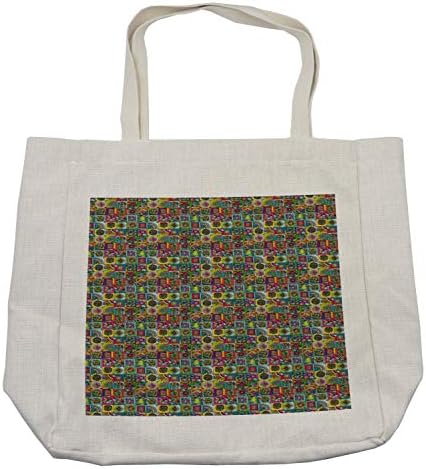 Апстрактна апстрактна торба за купување, карирани плоштади во стил на решетка со шарени цветни кучки и геометриски форми, еко-пријателска