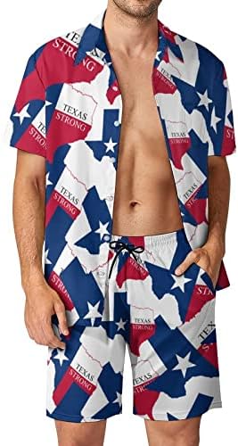 Weedkeycat Texas Силни машка облека за плажа 2 парчиња Хавајско копче надолу со кошула Краток ракав и шорцеви