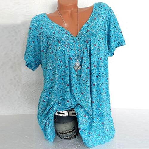 Womenените плус големина V-врат маица кратки ракави цветни печати блуза пулвер врвови модни обични летни маички