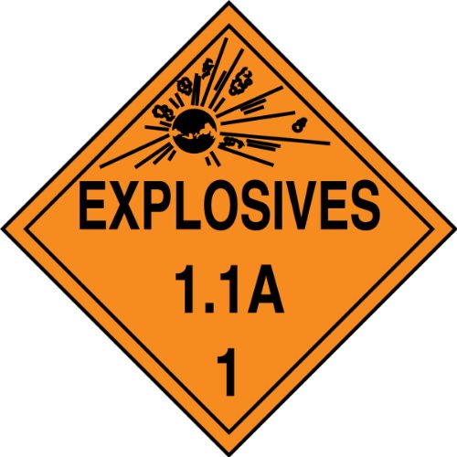 Accuform MPL11VP100 Пластична опасност Класа 1/Дивизија 1А Дот Плакард, „Експлозиви 1.1а 1“ со графички, 10-3/4 ширина x 10-3/4 должина, црна на портокалова боја