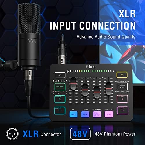 FIFINE XLR/USB Динамичен Микрофон И Игри Аудио Миксер Стриминг 4-Канален Rgb Миксер Со XLR Микрофон Интерфејс, 48v Фантом Моќ на КОМПЈУТЕР,