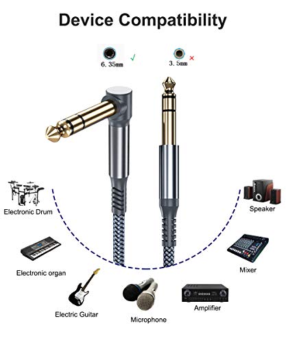 Elebase 1/4 инчен TRS инструмент кабел 15ft 2-пакет, десно-агол до директно 6,35 mm машки џек стерео аудио кабел, 6,35 балансирана