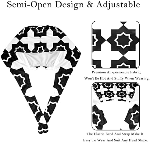 Работно капаче со копче, 2 парчиња прилагодлива вратоврска за вратоврска за вратоврска за коса за жени мажи, црно -бело повторувачки геометриски