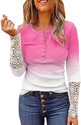 MTSDJSKF жени Хенли кошули чипка капчиња со долги ракави паѓање на облека за падот на блузи, графички маички, тенок вграден