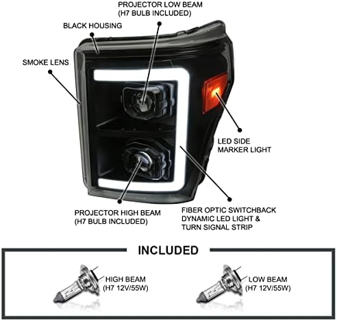 SPEC-D Tuning Switchback LED БАР Црно Домување Чад Објектив Фарови Компатибилен со 2011- Форд F250/F350/F450/F550 Супер Должност Лево