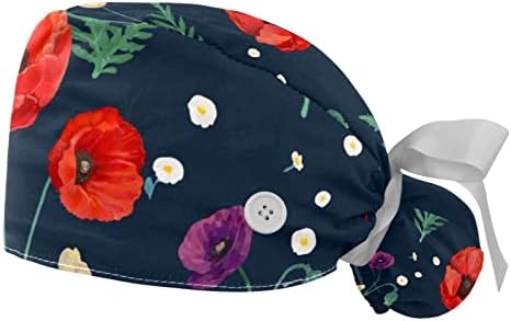 Mersov 2 парчиња буфан капа со торбичка за конска опашка, памук за работа со џемпери, прилагодливи хируршки капачиња цвет