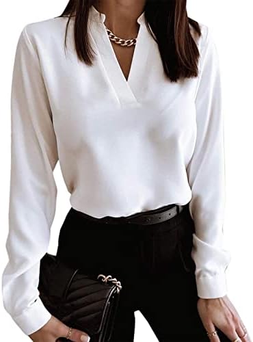 Zdfer Womens Solid Friesty Tops V вратот со долги ракави маици Туника Бизнис случајни пулвер блузи џемпери за жени за жени