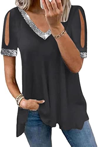 Women'sенски V врат ладно рамо на рамената искрин секвен на врвот на краткиот ракав, сјајни кошули, блузи, облечени врвови, основни маички