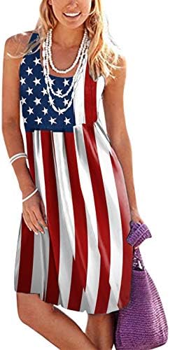 4 јули Обичен Летен Фустан На Плажа За Жени Американско Знаме Бохо Фустан Без Ракави Лажичка Вратот Течни Лабави Мини Сарафани