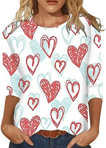 Денот на в Valentубените маица женски слатки срцеви графички маички 3/4 ракав обичен бејзбол врвен кошула мода слатки врвови туника