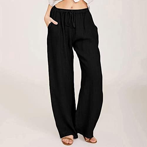 Женски памучни постелнини долги панталони со високи панталони со џебови со џебови