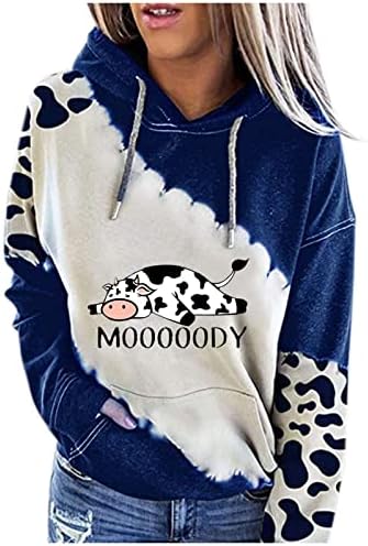 Mooooudy крава симпатична дуксер со долги ракави со џебови со џебови печати со голема големина дуксето