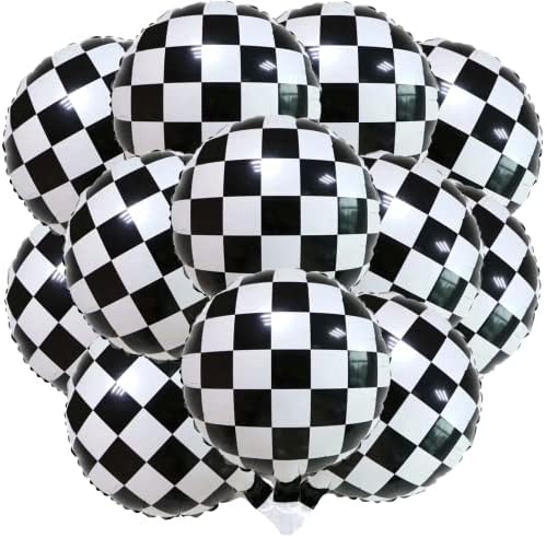 12 ПАРЧИЊА Карирани Тркачки Балони 18 Инчен Шаховска Табла Балонска Фолија Балон Алуминиум Црн Бел Балон За Декорација На Забави Со Тематска
