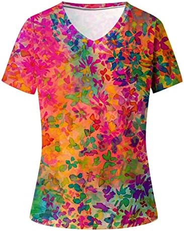 Есен лето памучно маичка за жени со краток ракав облека, селска концерт V вратот Флорална графичка салон на врвот R4 R4