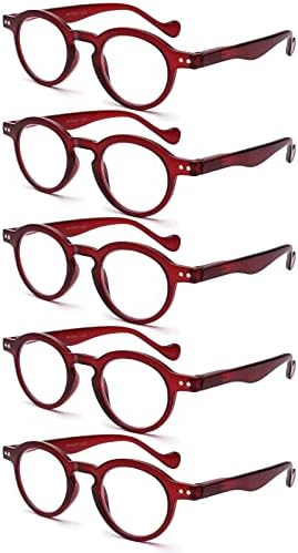 5 пакувања за читање очила мажи жени ретро тркалезни пролетни шарки лесни читатели +2,25 удобни презбиопични очила црвена