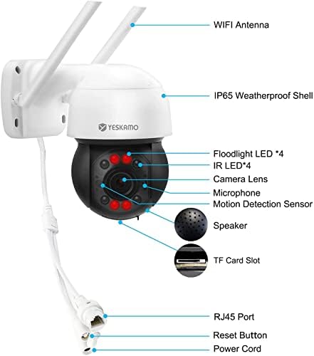 Yeskamo 2K PTZ безбедносна камера на отворено WiFi камера Ultra-HD 3MP Spotlight, DC Power Pan Tilt IP Camera Comportible NVR Recorder, 2