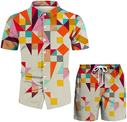 4ZHUZI машки хавајски кошула и кратки облеки за одмор од 2 парчиња поставува случајно копче надолу по плажа цветни костуми Тропски Хаваи