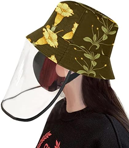 Заштитна капа за возрасни со штит за лице, рибарска капа Анти сонце капа, гроздобер жолт хризантема пеперутка цветни цвеќиња