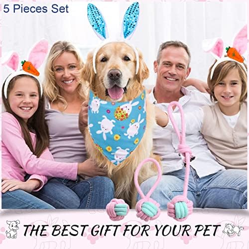 Куче Велигденски костим за зајаче, 5 парчиња продолжение за миленичиња зајаци уши глава за глава, зајак јајце бандана, заби за џвакање топка