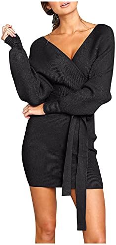 Фустан од џемпер за гледање за жени паѓаат симпатична секси коктел плетена џемпери за патеки, завиткани со долги ракави, џемпер со џемпер со
