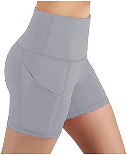Shortsенски шорцеви, високи половини од јога шорцеви за жени со 2 странични џебови за контрола на стомакот